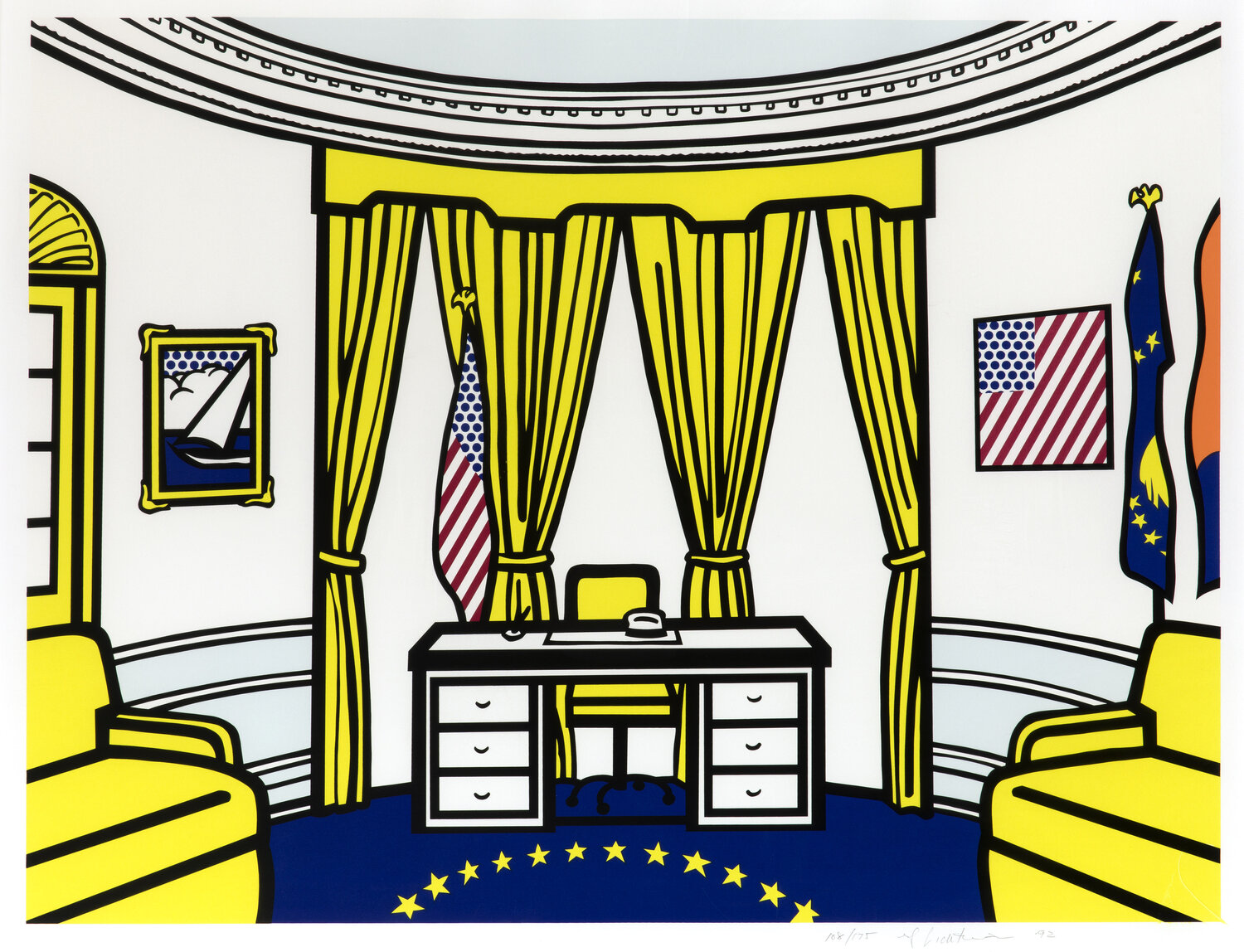 Roy Lichtenstein, The Oval Office, 1992 Lithographie offset, en jaune, bleu clair, orange, rouge, bleu foncé, noir et couche transparente, sur Reflect 86.4 x 96.5 cm Collection Lex Harding © Estate of Roy Lichtenstein / SABAM 2020